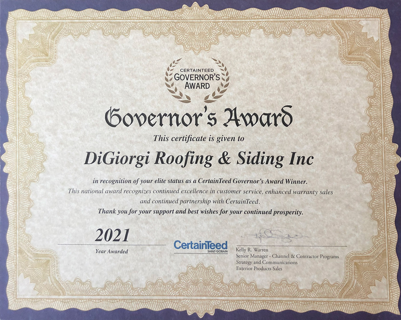 Certainteed 2021 Governor's Award