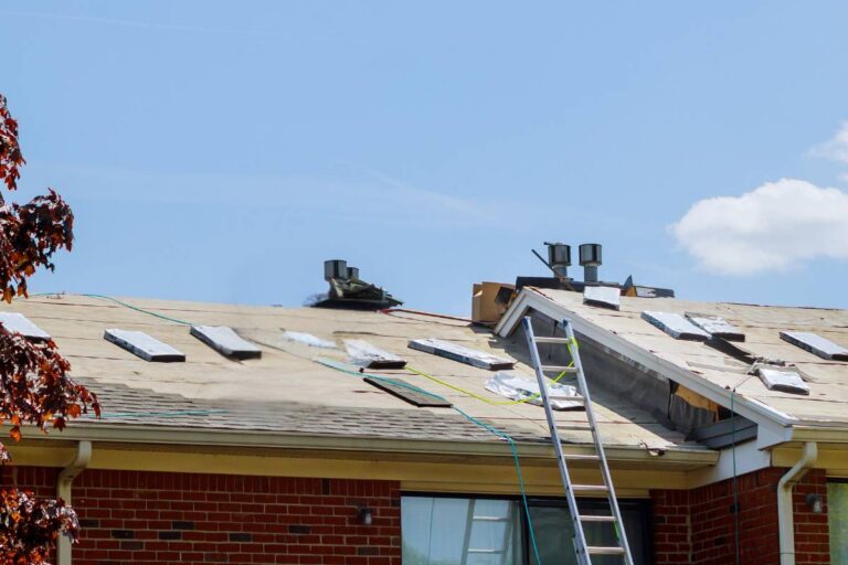Roof mid-reroofing with plywood exposed and ladder propped against gutter.