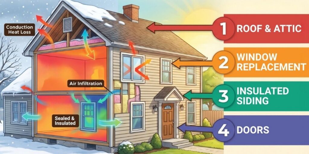 Home cutaway showing heat loss with upgrades ranked: 1 roof & attic, 2 windows, 3 siding, 4 doors